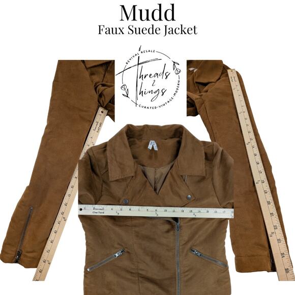 Mudd Jacket Women's Lg Brown Faux Suede Moto Short Zip Pockets Fall Autumn Light - Picture 9 of 12